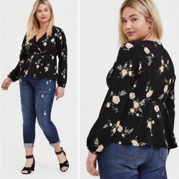 Torrid Black Floral Crepe Surplice Midi Peplum Top Long Sleeve, size 4 (4X) EUC - Picture 3 of 6